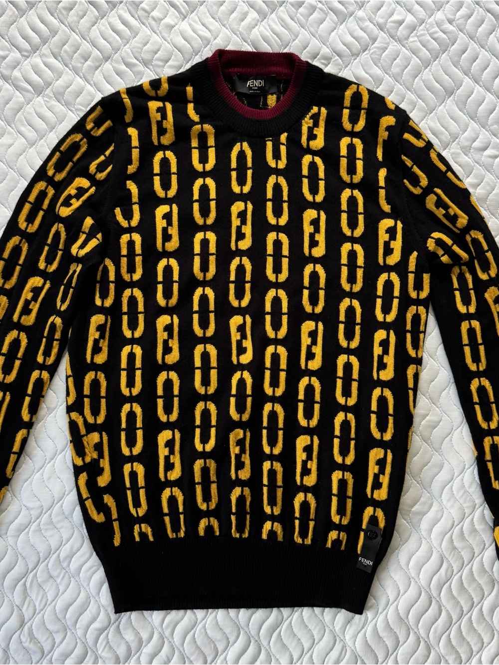 Fendi Roma Men’s All-Over Logo Jacquard Knit Sweater Black Yellow Made in Italy